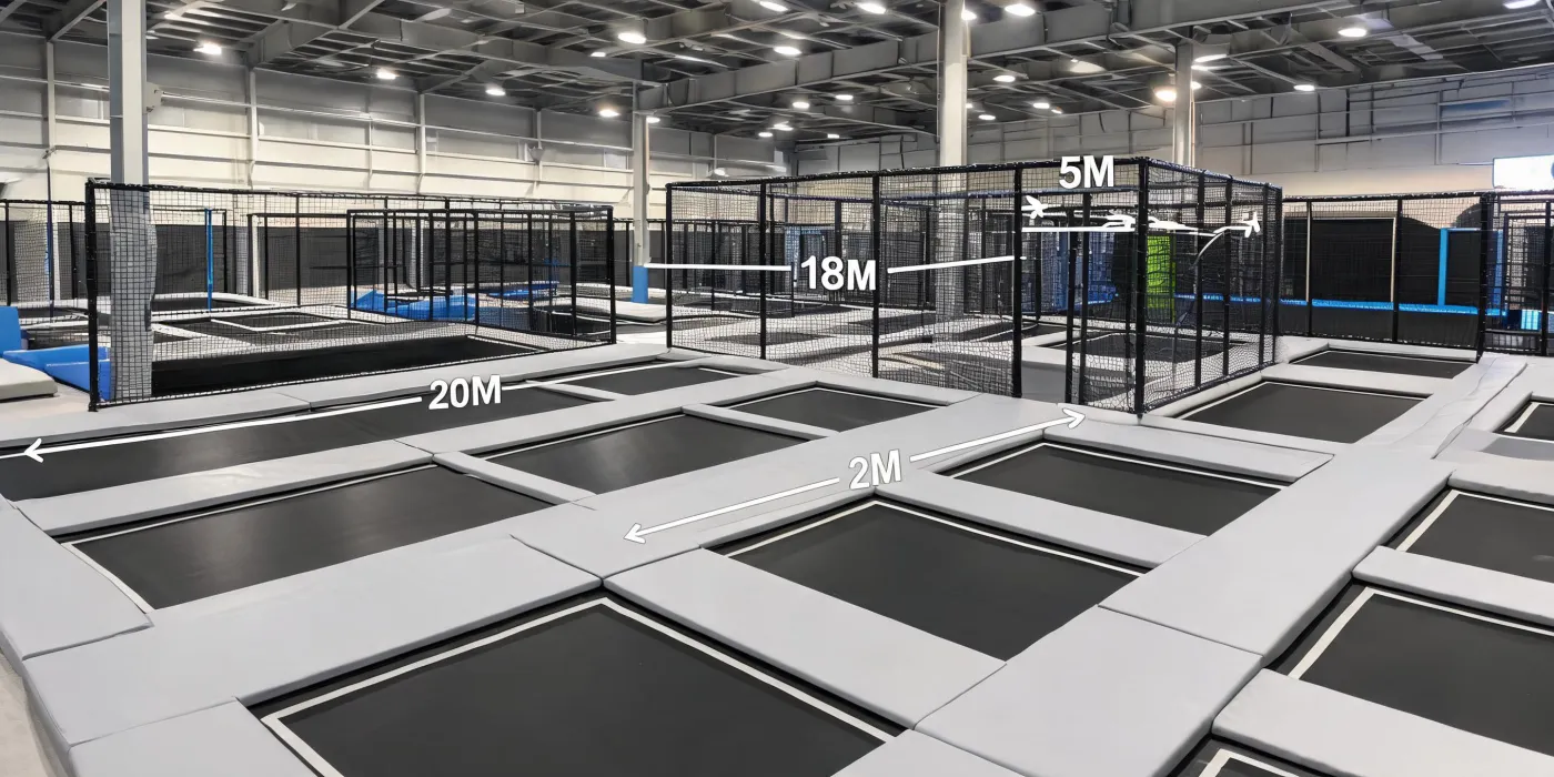 Custom trampoline mats and park zones in a commercial facility plan